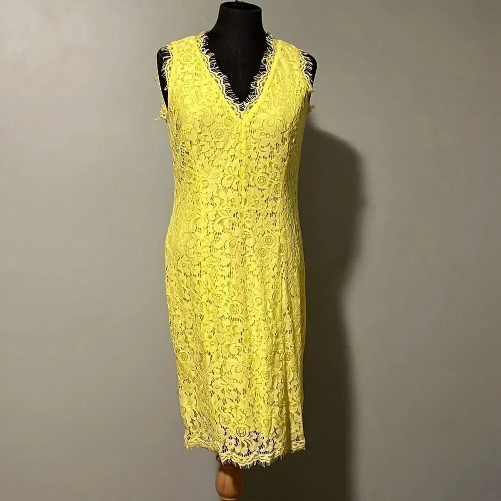 H&M Women's Yellow Sleeveless Zip V-Neck Lace Floral Sheath Dress Small